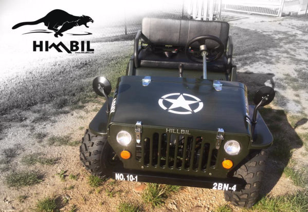 HILLBIL Mini Willys Jeep 110 ccm - Kinderauto mit Benzinmotor gefedert,  3-Gang Schaltung bis 45 km/